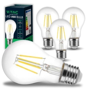 Bec LED V-TAC E27 Filament A60 12W 3000K 4 bucati