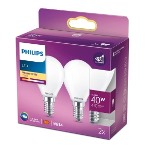 Becuri LED Philips Classic E14, 40W, lumina calda, set 2 buc, alb mat