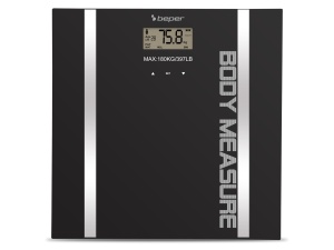 BEPER 40.808A Scala de impedanta, Scara de masa corporala si procentaj de lichid, 10 locatii de memorie, Afisaj LCD, Suprafata din sticla securizata, Negru, 4 x 33 x 33 cm