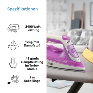 Braun FreeStyle 3 FI3124 PU fier de calcat cu abur cu tehnologie FreeGlide 3D talpa SuperCeramic Ultimate FastClean oprire automata abur vertical viol - Img 4