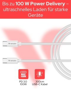Cablu USB-C Verbatim Essentials 3m 100W PD 3.0 Alb - Img 2