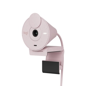 Camera web Logitech Brio 300 Full HD cu ecran de confidentialitate, microfon cu anulare a zgomotului, USB-C, certificata pentru Zoom, Microsoft Teams, Google Meet, Streaming, Corectie automata a luminii - Roz