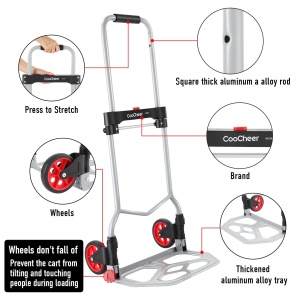Camion cu saci, Camion cu saci din aluminiu, Carucior de transport pliabil, pliabil, capacitate maxima de incarcare 120 kg, 2 roti, cu maner telescopic din aluminiu pentru industrie si uz casnic - Img 3