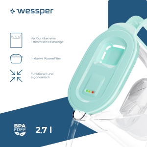 Cana filtranta Wessper D3 SLIM 2,7L cu LED, BPA free, Mint - Img 3
