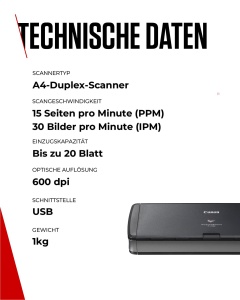 Canon P-215II imageFORMULA Scanner Dokumentenscanner (Duplex Einzug, 600 DPI, Farbscan, Canon CaptureOnTouch Software, Lite Presto! BizCard Reader, Reader PaperPort) schwarz, 9705B003 - Img 6