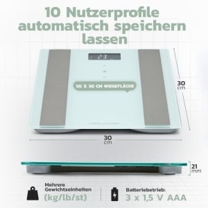 Cantar de analiza din sticla ProfiCare 8in1, Cantar de baie cu analiza grasimii corporale, Cantar digital de baie cu automat Step-On, Cantar de baie cu suprafata de cantarire de inalta calitate, alb/otel inoxidabil, PC-PW 3007 FA - Img 5