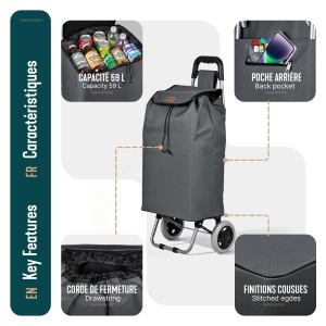 Carucior de cumparaturi VOUNOT, 59L, 2-in-1, cu roti, gri inchis - Img 7
