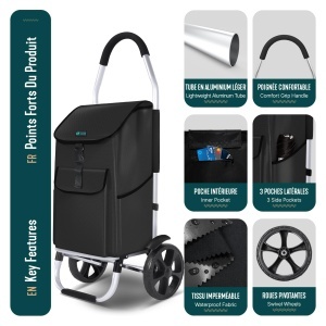 Carucior de cumparaturi VOUNOT cu cadru din aluminiu, capacitate 58L, negru - Img 4
