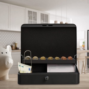 Caseta de bani cu incuietoare Relaxdays, 4 compartimente pentru bancnote, metal, negru - Img 2