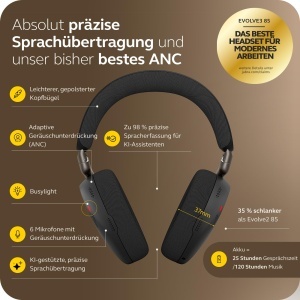 Casti audio Bluetooth Jabra Evolve3 85, cu microfon, ANC adaptiv, autonomie 25 ore, Negru - Img 2