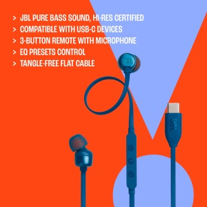 Casti JBL Tune 310 C - Casti intraauriculare cu fir cu sunet JBL Pure Bass microfon si port USB-C - Albastru - Img 7