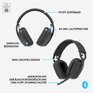 Casti over-ear wireless usoare Logitech Zone Vibe 100 cu microfon cu anulare a zgomotului, casti Bluetooth multipunct, functioneaza cu Teams, Google Meet, Zoom, Mac/PC - Graphite - Img 8