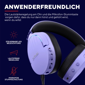 Casti pentru jocuri Trust Gaming GXT 491P Fayzo Bluetooth + 2.4GHz, sunet surround 7.1, durata de viata a bateriei 22H, 35% casti over-ear RGB din plastic reciclat PC wireless Bluetooth PS5 PS4 Switch, violet - Img 8