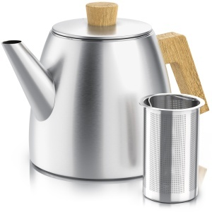 Ceainic Arendo 1000 ml inox cu perete dublu manere din lemn filtru pentru ceai vrac argintiu