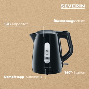 Ceainic SEVERIN, sistem central fara fir, filtru de calcar lavabil, 2.200 W, aprox. 1,0 L, plastic, negru, WK 3410 - Img 4