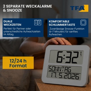 Ceas de perete digital TFA Dostmann Timeline Max, cu alarma, argintiu - Img 5