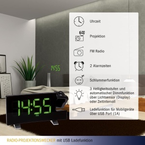 Ceas desteptator TFA Dostmann 60.5015.04 cu Proiectie, Radio FM, 2 Alarme, Negru - Img 6
