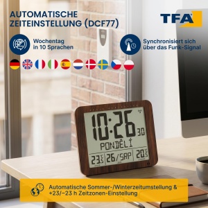 Ceas digital TFA Dostmann 60.4518.08, cu design lemnos, afisaj mare, termometru interior si exterior - Img 6