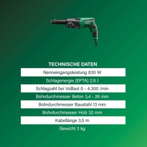 Ciocan rotopercutor HiKOKI DH26PMCWSZ, 830W, 26 mm, 3 functii - Img 3