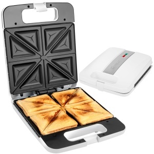 Clatronic(r) Sandwich Maker | Prajitor de paine electric pentru sandvisuri | Aparat de sandvisuri cu 4 felii | panouri sandwich triunghiulare (antiaderente) | Controler automat de temperatura | 1200 wati | ST 3629 alb
