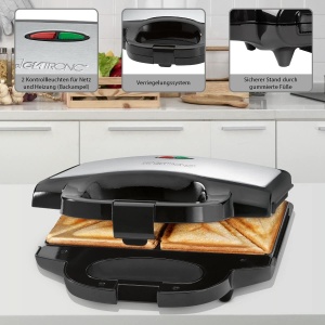 Clatronic ST 3778 Sandwich Maker, Sandwich Maker electric, Sandwich Maker cu panouri sandwich triunghiulare Acoperit antiaderent, Controler automat de temperatura, 750 Watt negru/otel inoxidabil - Img 5