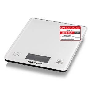 Cloer 6871 Cantar digital de bucatarie pentru pana la 10 kg, functie de cantarire, masurarea greutatii in pasi de 1 g, cantitatea poate fi specificata in grame, mililitri sau uncii, suprafata de sticla, afisaj LCD, alb - Img 1