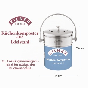 Compostor de Bucatarie KILNER 2 L din Otel Inoxidabil cu Filtru Activ de Carbon - Img 3