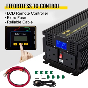 Convertor de tensiune VEVOR invertor cu unda sinusoidala modificata pura de 2000 W 12 V DC 240 AC indicatoare LED 4000 W ecran LCD 03 A 330 x 167 120  - Img 7