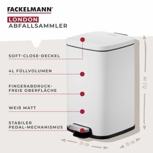 Cos de gunoi FACKELMANN LONDON 4L, Alb mat, Design elegant, Capac cu inchidere moale - Img 2