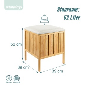 Cos de rufe Relaxdays, 52 l, bambus, scaun cu capac moale, naturalcrem - Img 4