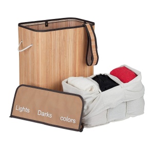 Cos de rufe Relaxdays, bambus, 3 compartimente, 90 litri, cu capac - Img 6