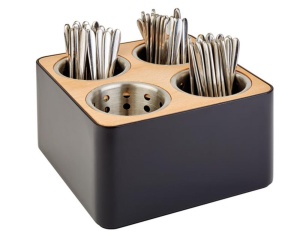 Cos pentru tacamuri APS, 4 compartimente, inox, lemn, negru si brown, 27x27 cm