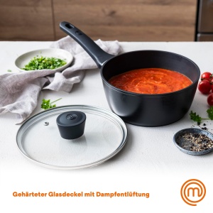 Cratita MasterChef cu capac de sticla, oale de gatit cu inductie de 20 cm, oala pentru paste, oala pentru supa, cratita din aluminiu negru, acoperita, inductie pentru oala, tigai potrivite pentru toate aragazurile, rezistente la zgarieturi - Img 7