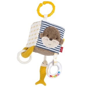 Cub de activitati pentru bebelusi Fehn Otter Theo 10x10 cm cu inel de prindere si elemente interactive