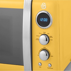 Cuptor cu microunde digital Swan Retro SM22030YELNEU 20L, 5 niveluri de putere, functie de dezghetare, temporizator de 60 de minute, usa cu efect de oglinda, placa turnanta de 27cm, design vintage, galben, 800W - Img 6