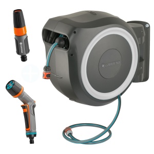 Cutie furtun de perete Gardena RollUp L 30 m, alb, tehnologie de rulare automata, rezistenta la inghet