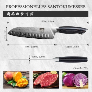 Cutit de bucatarie din otel pulbere SHAN ZU, cutit de bucatar japonez Cutit Santoku, cutit de bucatar profesional de 18 cm cu continut ridicat de carbon, cutit de bucatarie ascutit cu maner ergonomic din lemn Pakka - Img 3