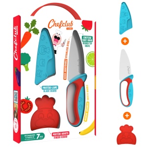 Cutit pentru copii Chefclub Kids, cu protectie pentru degete, ergonomie, albastru si rosu