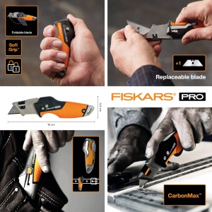 Cutit pliabil universal Fiskars, lungime 17 cm, otel inoxidabil/plastic, negru/portocaliu, CarbonMax, 1027224 - Img 2