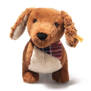 Dackel de Plus Steiff Waldi 30cm, Caine Moale cu Granulat, Halstuch Colorat