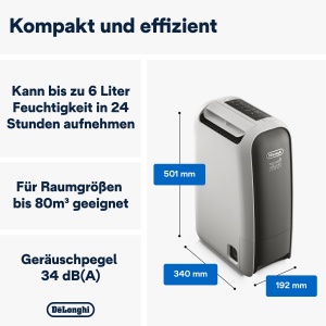De'Longhi Tasciugo AriaDry Light DNS65, Desumidificator d'Air Maison, Enleve 6 Litres par Jour, Laundry Function, Timer 8h, Technology of Zeolithe, 34 Decibels, 520W, Gris - Img 3