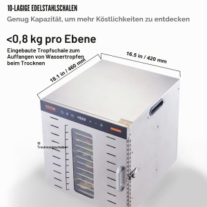 Dehydrator VEVOR SS-10X 1000 W cu 10 Tavi din Otel Inoxidabil, Timer 48 Ore - Img 3
