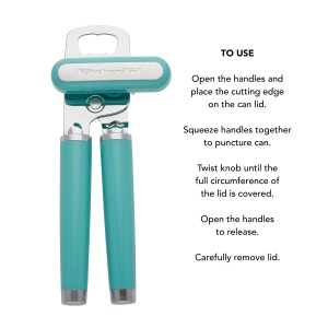 Deschizator de conserve si deschizator de sticle multifunctional KitchenAid Classic, usor de utilizat, roata de taiat din otel inoxidabil ascutita, manere ergonomice moi, Aqua Sky - Img 6
