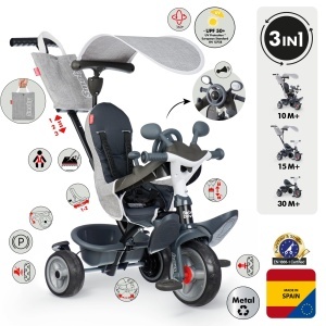 Dreirad pentru copii Smoby Baby Driver, 3-in-1, gri, cu accesorii premium - Img 2