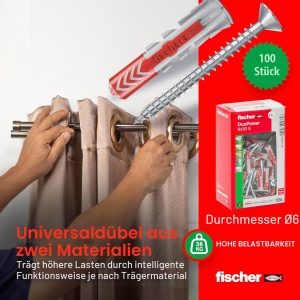Duble cu surub Fischer DuoPower 6 x 30 mm, 100 bucati, pentru zidarie si gips-carton - Img 3