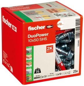 Dublu de fixare fischer DUOPOWER 10 x 50 S, 25 bucati, cu suruburi de siguranta