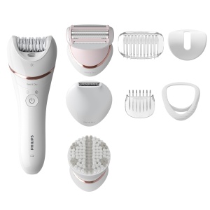 Epilator Philips seria 8000, epilator umed si uscat fara fir pentru picioare si corp, dispozitiv de indepartare a parului, cu 8 accesorii, aparat de ras, aparat de tuns par lung si dispozitiv de exfoliere corporala, (BRE735/00) - Img 1