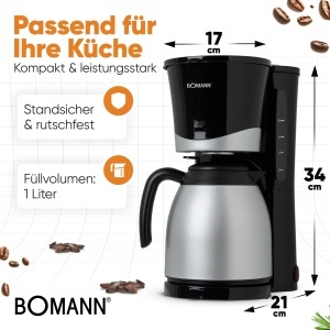 Espressor cafea Bomann KA 168, 1 L, 870 W, pentru 8-10 cesti, negru - Img 5