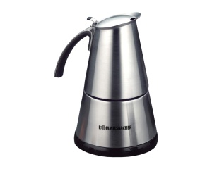 Espressor Rommelsbacher EKO 364/E, ulcior electric, din otel inoxidabil de inalta calitate, insertie filtranta pentru 2 sau 4 cani, element de incalzire ascuns, baza centrala 360deg, oprire automata, 365 W
