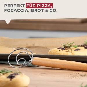 Fackelmann Agitator de aluat pentru paste, focaccia si aluat - Tel pentru aluat aerisit - Tel danez cu maner ergonomic din lemn de, argintiu/maro - Img 6